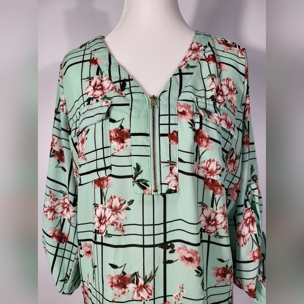 WishFull Park‎ Women's Floral Cool Green Plaid Blouse Size L - Picture 6 of 9